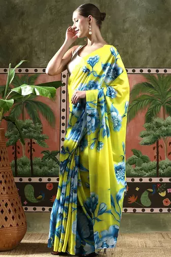 Green ready to wear satin floral digital printed saree