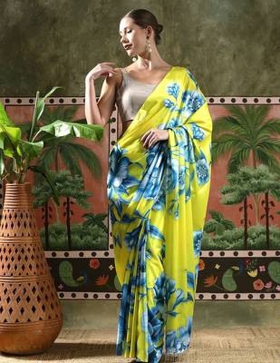 Green ready to wear satin floral digital printed saree 4