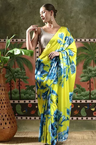 Green ready to wear satin floral digital printed saree