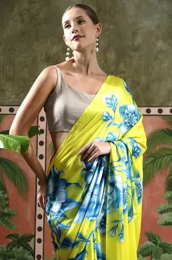 Green ready to wear satin floral digital printed saree