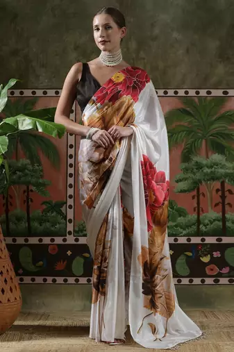 White ready to wear satin floral digital printed saree
