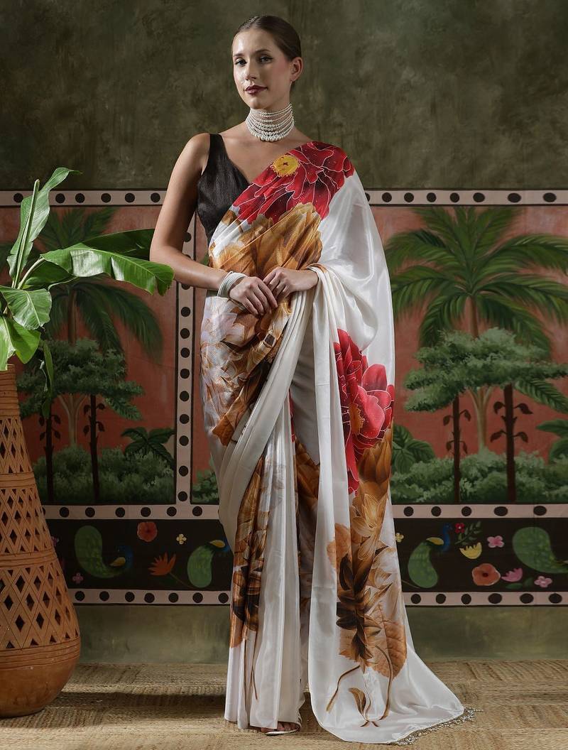 White ready to wear satin floral digital printed saree