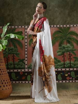 White ready to wear satin floral digital printed saree 2