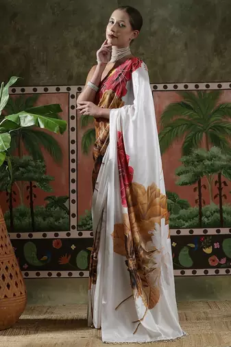 White ready to wear satin floral digital printed saree