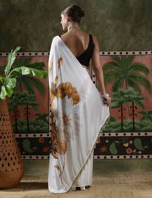 White ready to wear satin floral digital printed saree 3