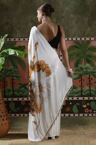 White ready to wear satin floral digital printed saree