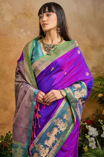 Purple ethnic motifs woven designer art silk sarees with unstitched blouse