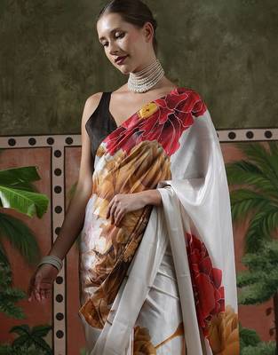 White ready to wear satin floral digital printed saree 4