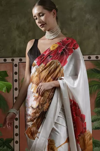 White ready to wear satin floral digital printed saree
