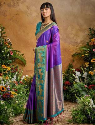 Purple ethnic motifs woven designer art silk sarees with unstitched blouse 2