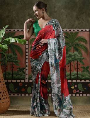 Red ready to wear satin floral digital printed saree 1
