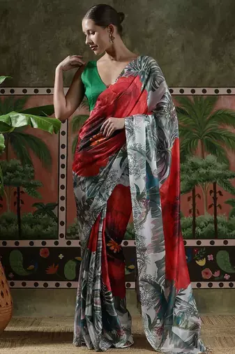 Red ready to wear satin floral digital printed saree