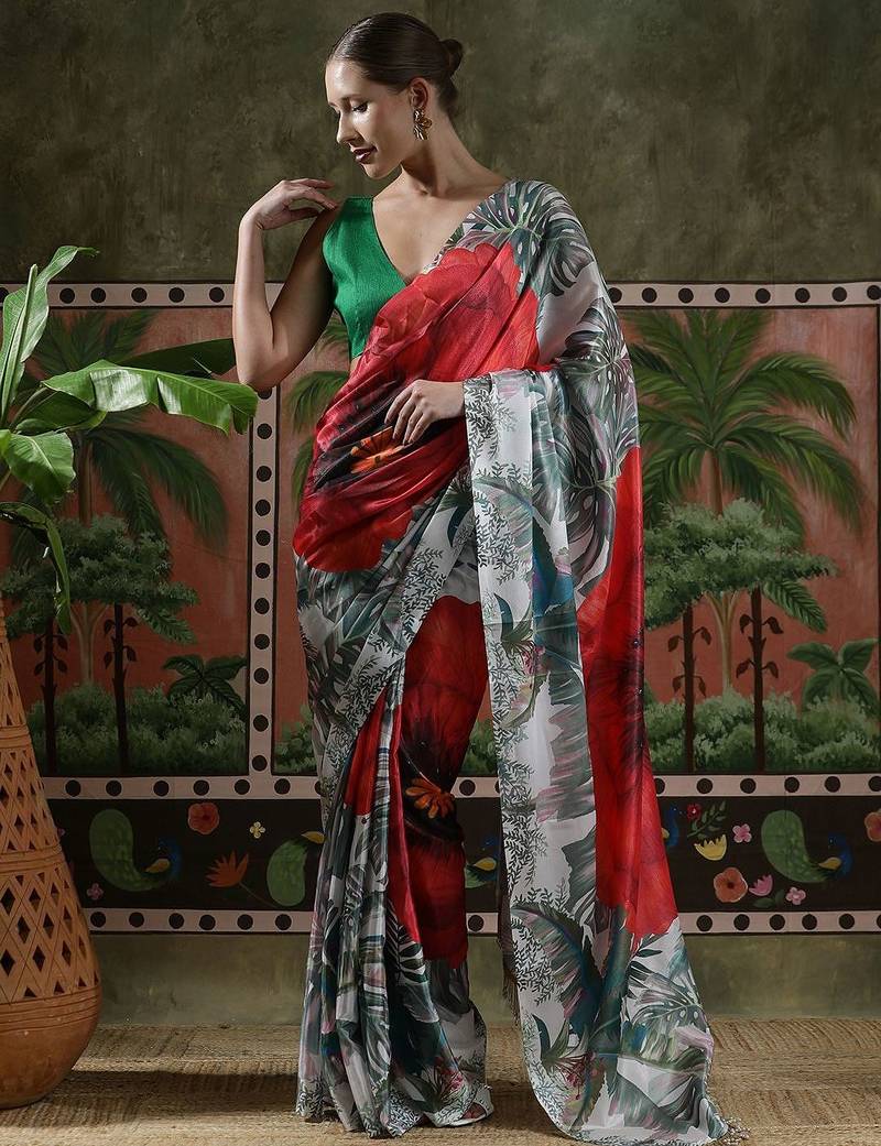 Red ready to wear satin floral digital printed saree