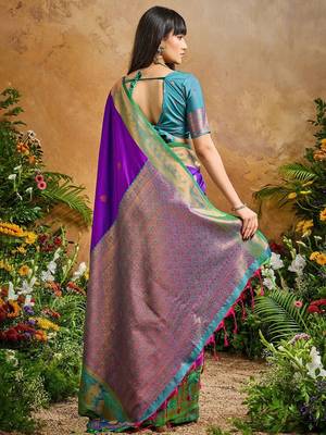Purple ethnic motifs woven designer art silk sarees with unstitched blouse 3