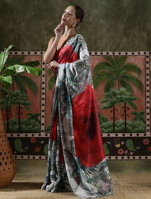 Red ready to wear satin floral digital printed saree 2