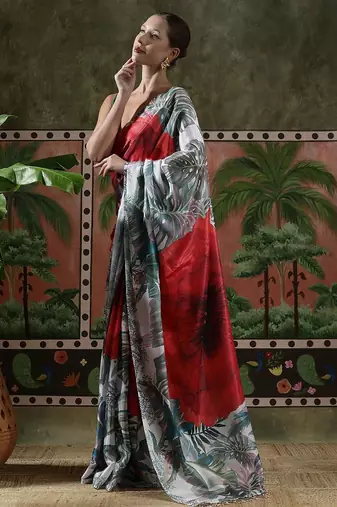 Red ready to wear satin floral digital printed saree
