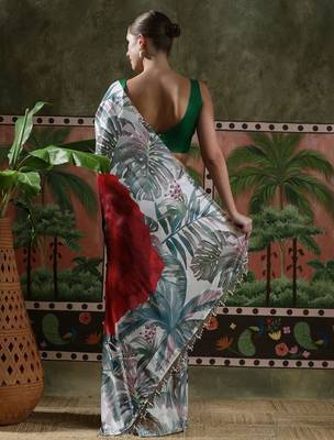 Red ready to wear satin floral digital printed saree 3