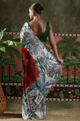 Red ready to wear satin floral digital printed saree