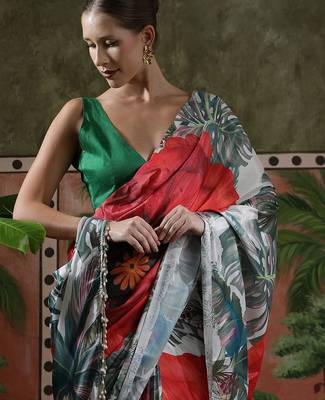 Red ready to wear satin floral digital printed saree 4