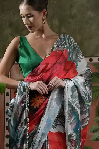 Red ready to wear satin floral digital printed saree