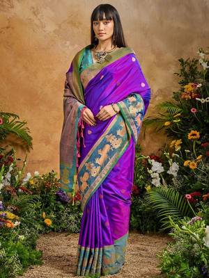 Purple ethnic motifs woven designer art silk sarees with unstitched blouse 4