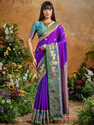 Purple ethnic motifs woven designer art silk sarees with unstitched blouse 5