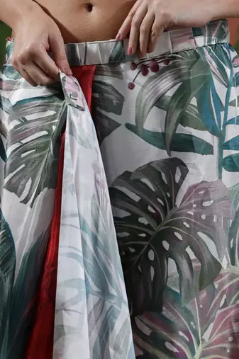 Red ready to wear satin floral digital printed saree