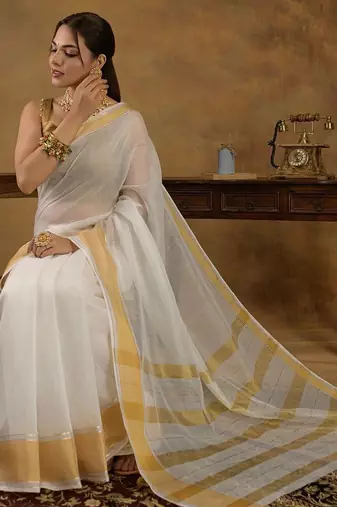 Off white zari kerala kasavu saree with unstitched blouse