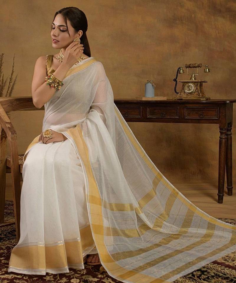 Off white zari kerala kasavu saree with unstitched blouse