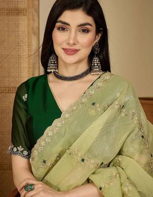 Green embroidered chiffon saree 1