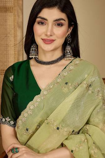 Green embroidered chiffon saree