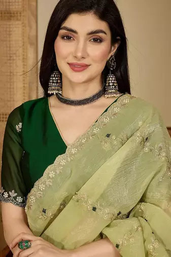 Green embroidered chiffon saree