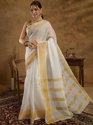 Off white zari kerala kasavu saree with unstitched blouse 2