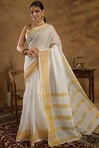Off white zari kerala kasavu saree with unstitched blouse