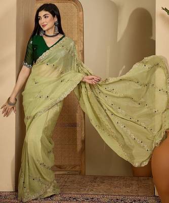 Green embroidered chiffon saree 2