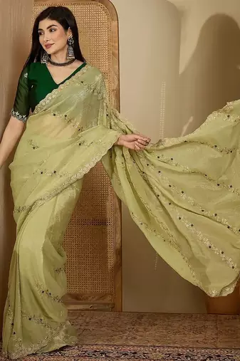 Green embroidered chiffon saree