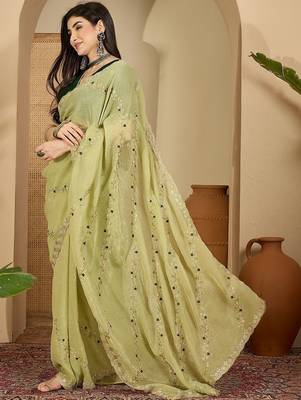 Green embroidered chiffon saree 3