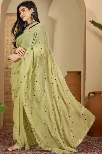 Green embroidered chiffon saree