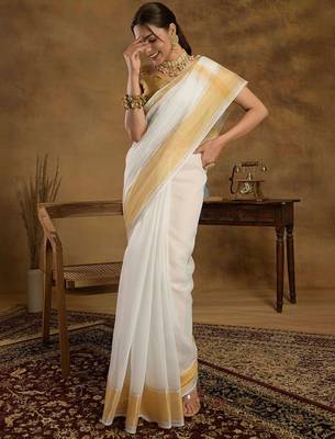 Off white zari kerala kasavu saree with unstitched blouse 3