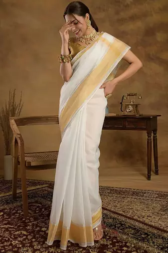Off white zari kerala kasavu saree with unstitched blouse