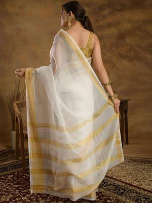 Off white zari kerala kasavu saree with unstitched blouse 4