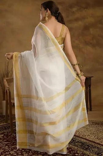 Off white zari kerala kasavu saree with unstitched blouse