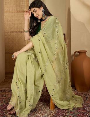 Green embroidered chiffon saree 5