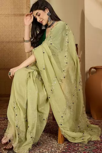Green embroidered chiffon saree