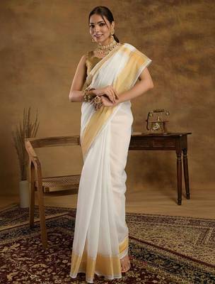 Off white zari kerala kasavu saree with unstitched blouse 5