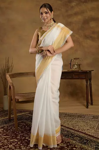Off white zari kerala kasavu saree with unstitched blouse