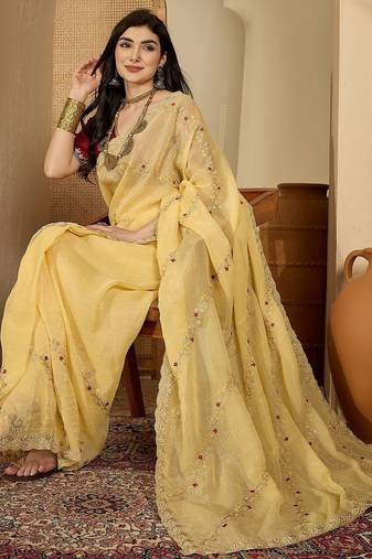 Yellow embroidered chiffon saree