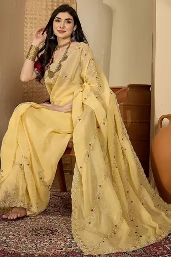 Yellow embroidered chiffon saree