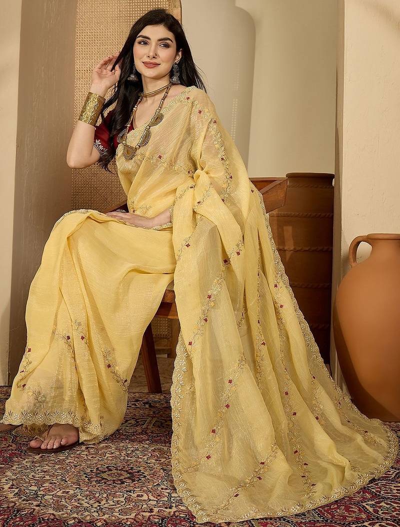 Yellow embroidered chiffon saree