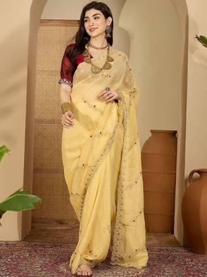 Yellow embroidered chiffon saree 2